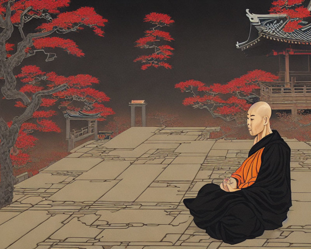 Monk meditating in orange and black robes at traditional temple