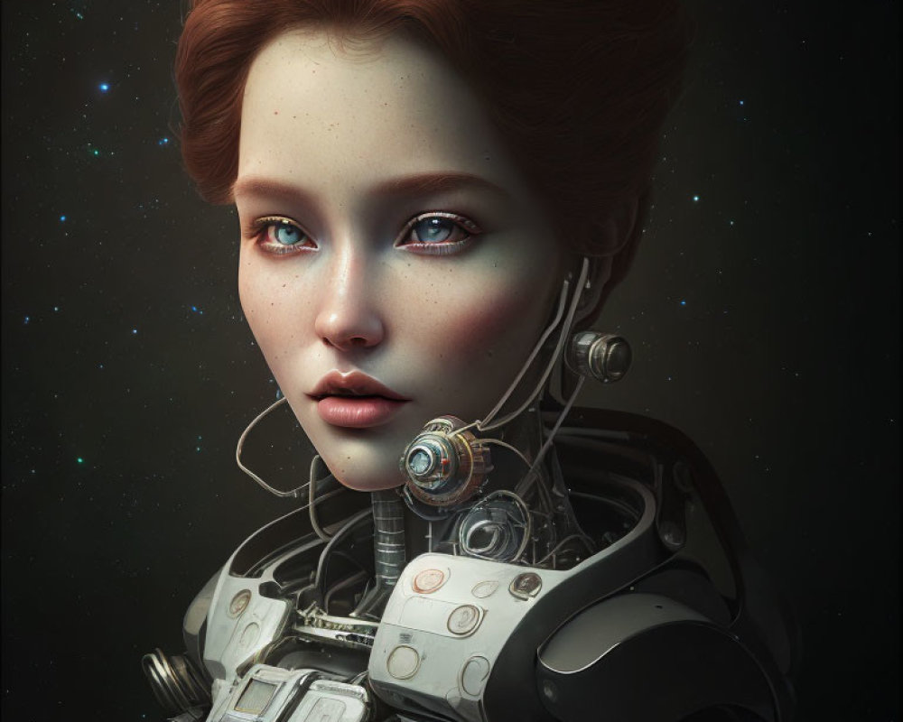 Female android with blue eyes and red hair in space-themed illustration