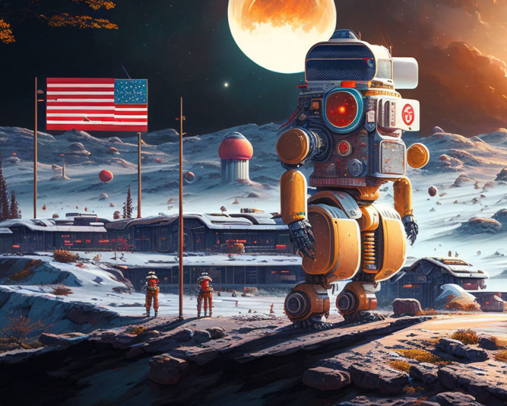 Futuristic lunar landscape with astronauts, robot, train, and American flag