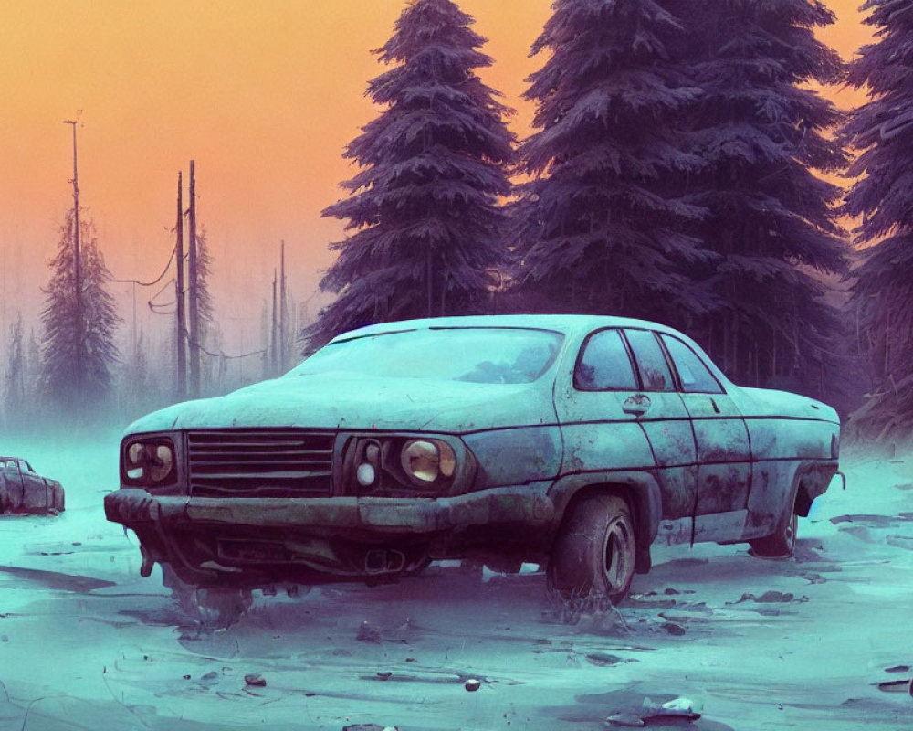 Abandoned car in snowy landscape with dead trees and telephone poles at dusk