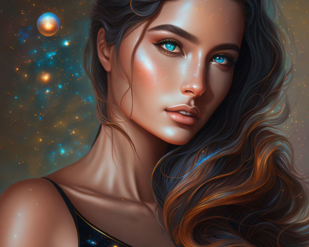 Digital portrait of a woman with cosmic-themed makeup and attire, featuring stars and galaxies in her hair and