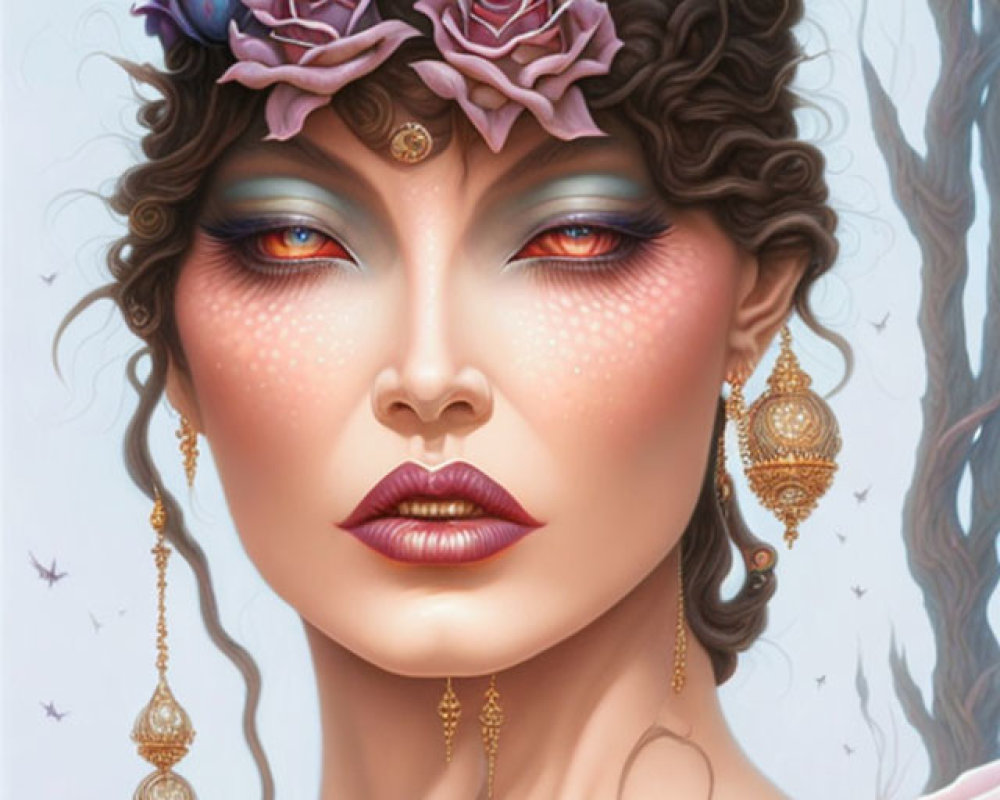 Illustrated portrait of woman with roses, ornate earrings, dramatic makeup, serene expression, surrounded by