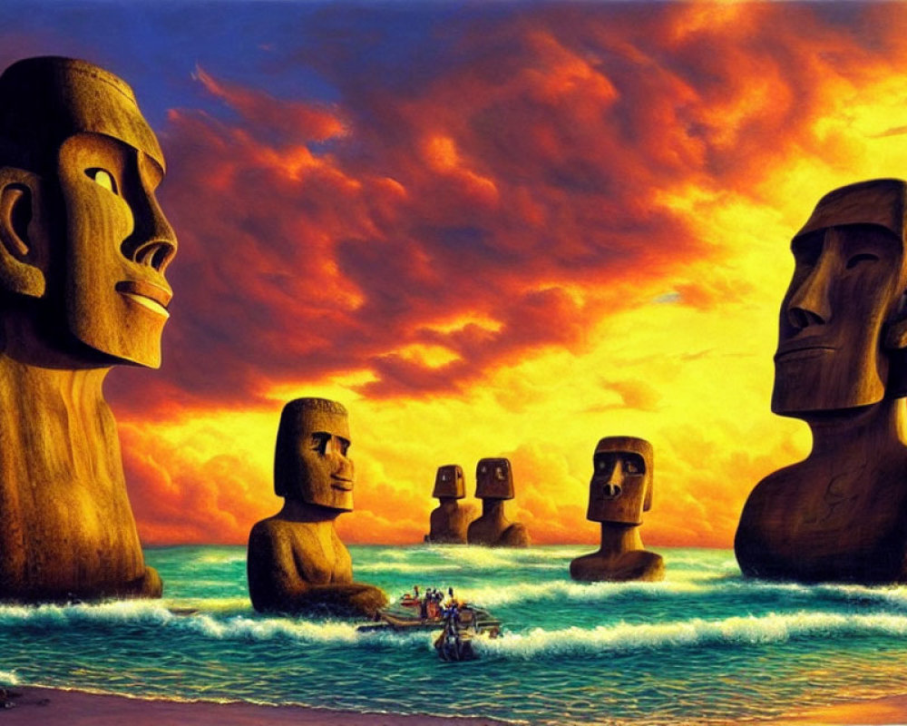 Moai statues at sunset with vibrant orange skies and boat