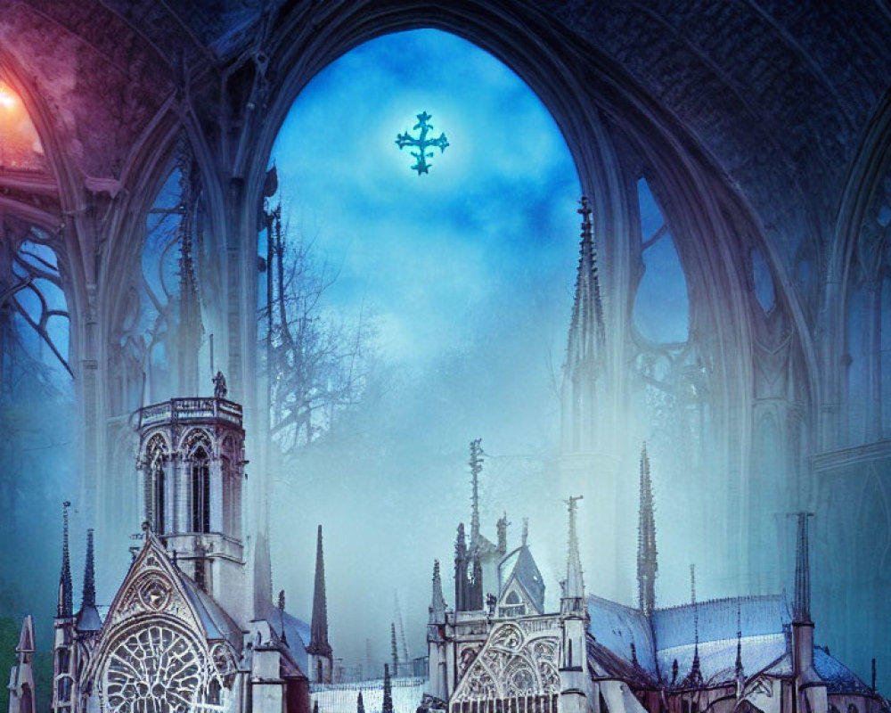 Gothic Cathedral with Intricate Architecture and Snowflake Symbol in Blue Tones