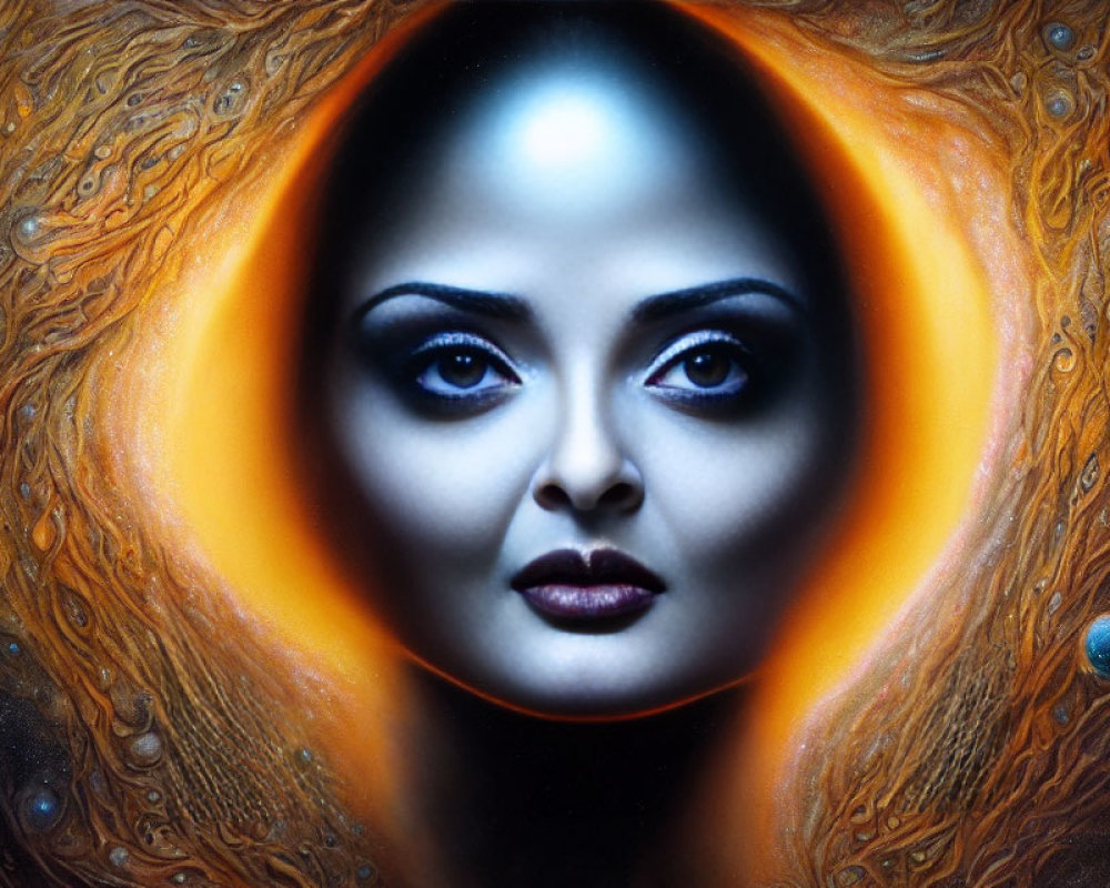 Abstract surreal portrait with circular orange and yellow cosmic elements.