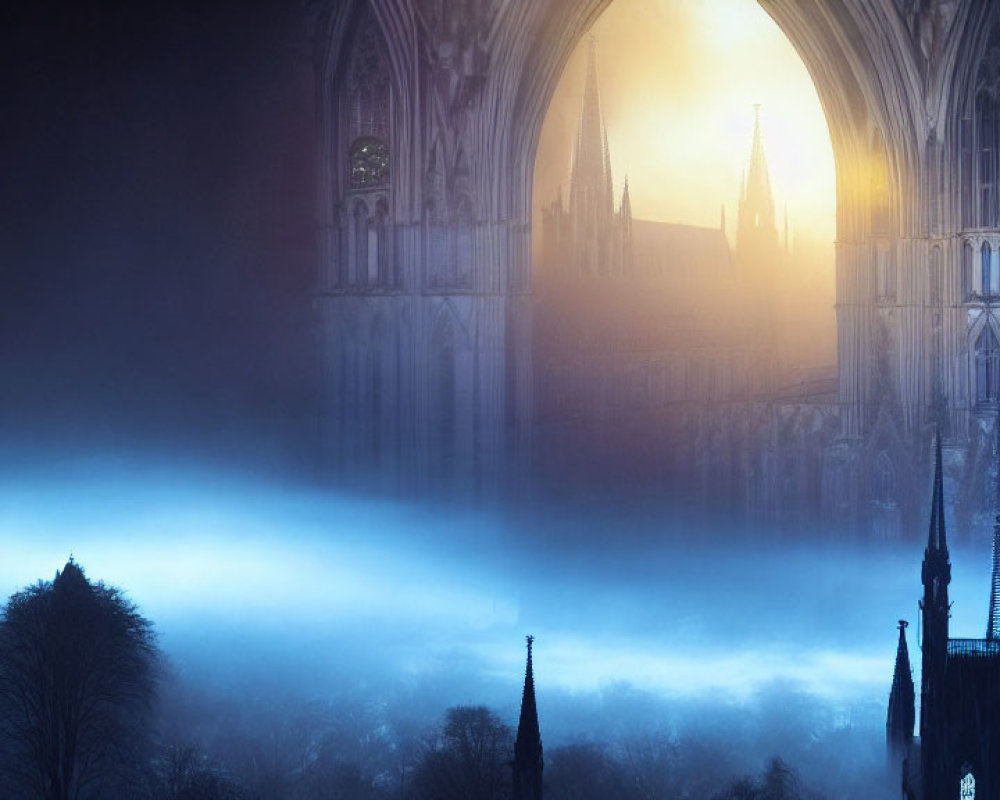 Gothic cathedral silhouette in misty twilight landscape