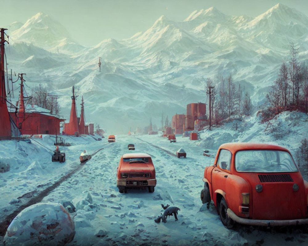 Vintage snowscape with mountains, red car, abandoned buildings, and dog.