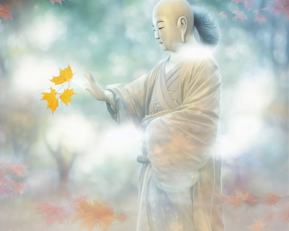 Serene monk surrounded by autumn leaves in ethereal forest