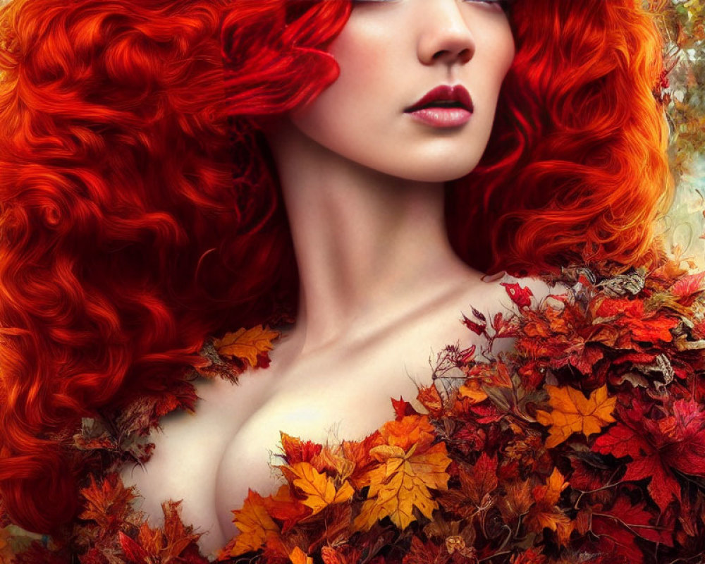 Woman with Vibrant Red Curly Hair and Autumn Leaves in Soft-Focus Nature Scene