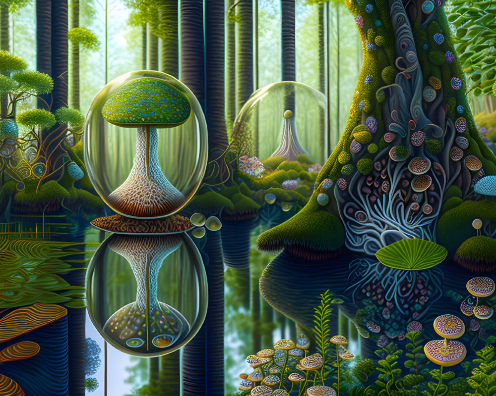 Fantastical landscape with luminescent mushrooms and unusual flora reflected in water