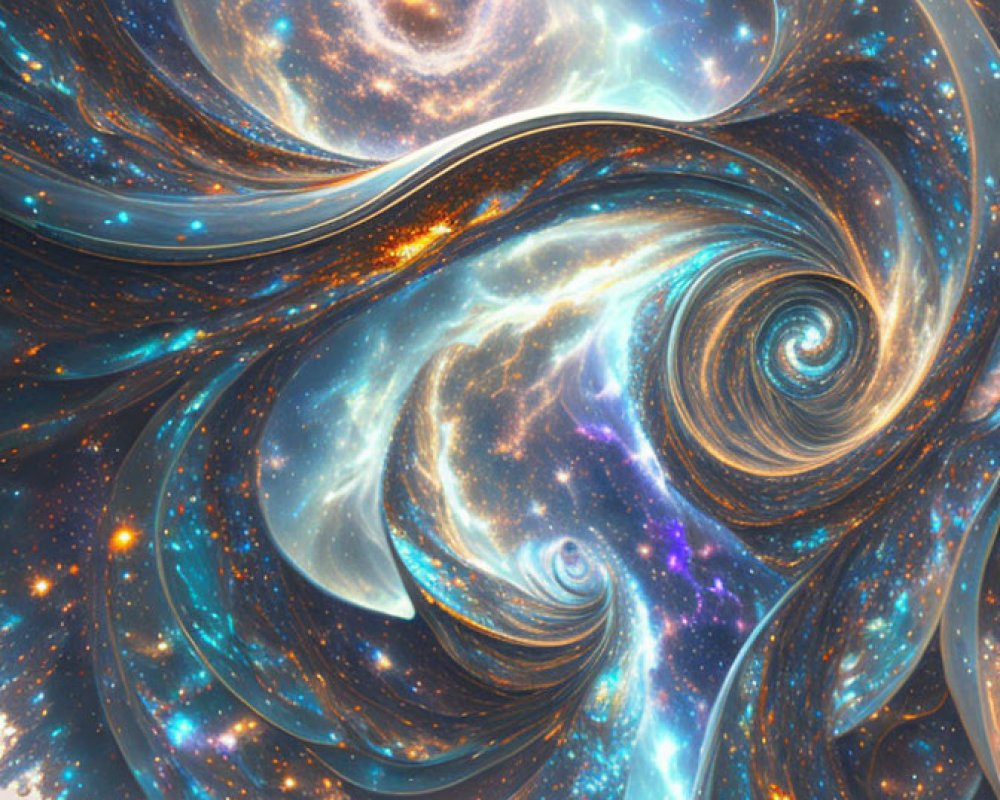 Colorful Digital Artwork of Swirling Cosmic Structures in Blue, Orange, and White