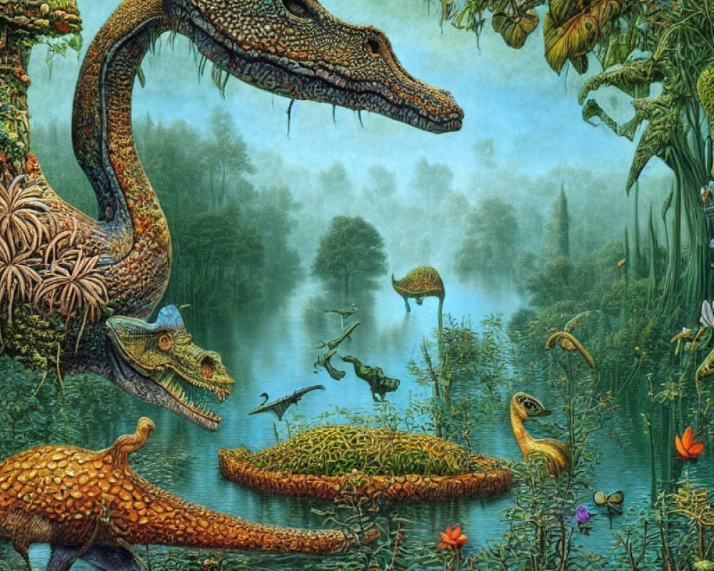 Detailed prehistoric swamp scene with dinosaurs and lush vegetation