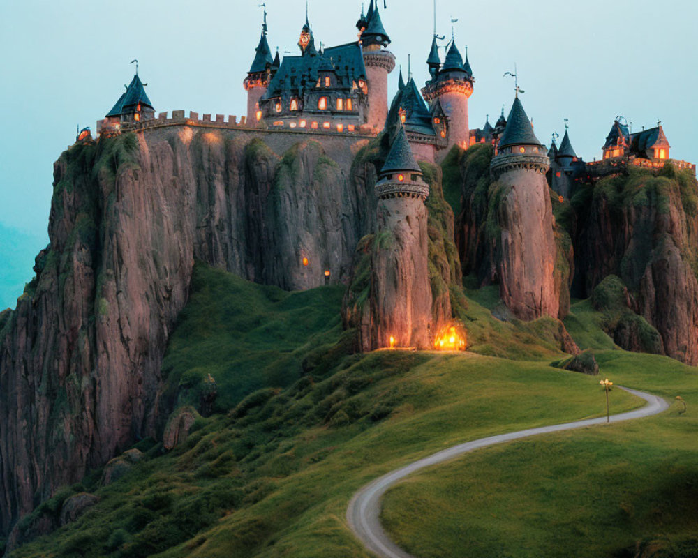 Castle with multiple spires on cliff at dusk with winding road