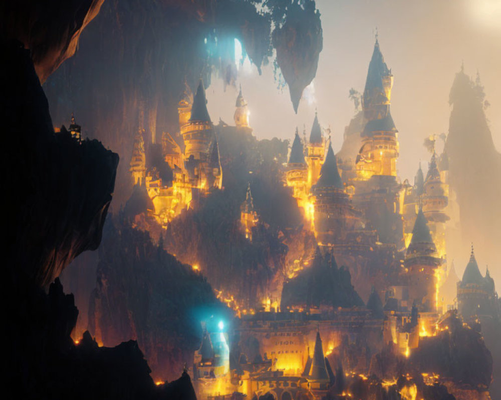 Mystical subterranean city with illuminated spires and structures