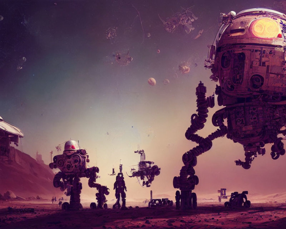 Sci-fi scene: robots on alien planet with hovering spherical robot