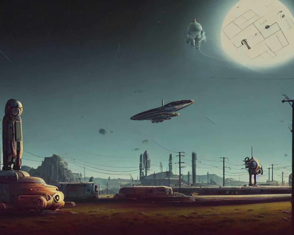 Futuristic sci-fi landscape with spacecraft, hovering city, robots, and desert under starry sky