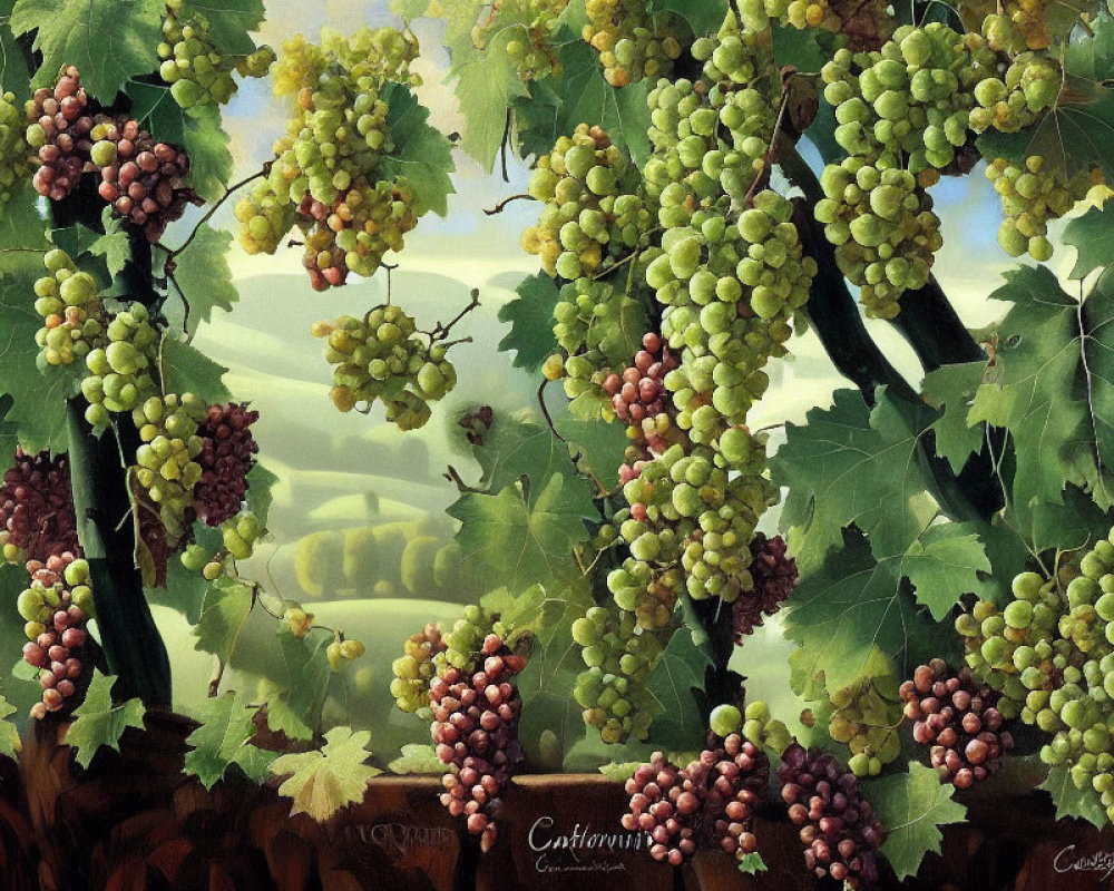 Vibrant grapevine painting with green and purple clusters, leaves, and landscape.