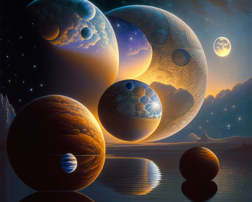 Surreal cosmic scene: ornate planets and moons reflected in calm lake