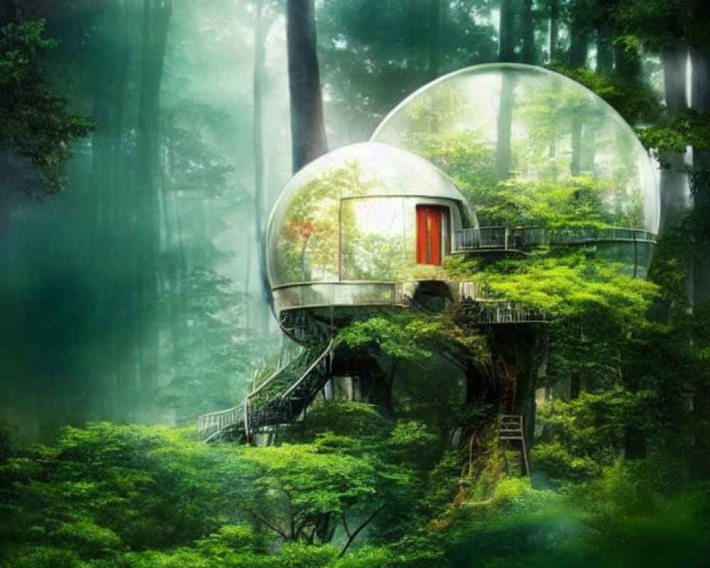 Futuristic bubble house in lush forest with sunlight filtering through trees