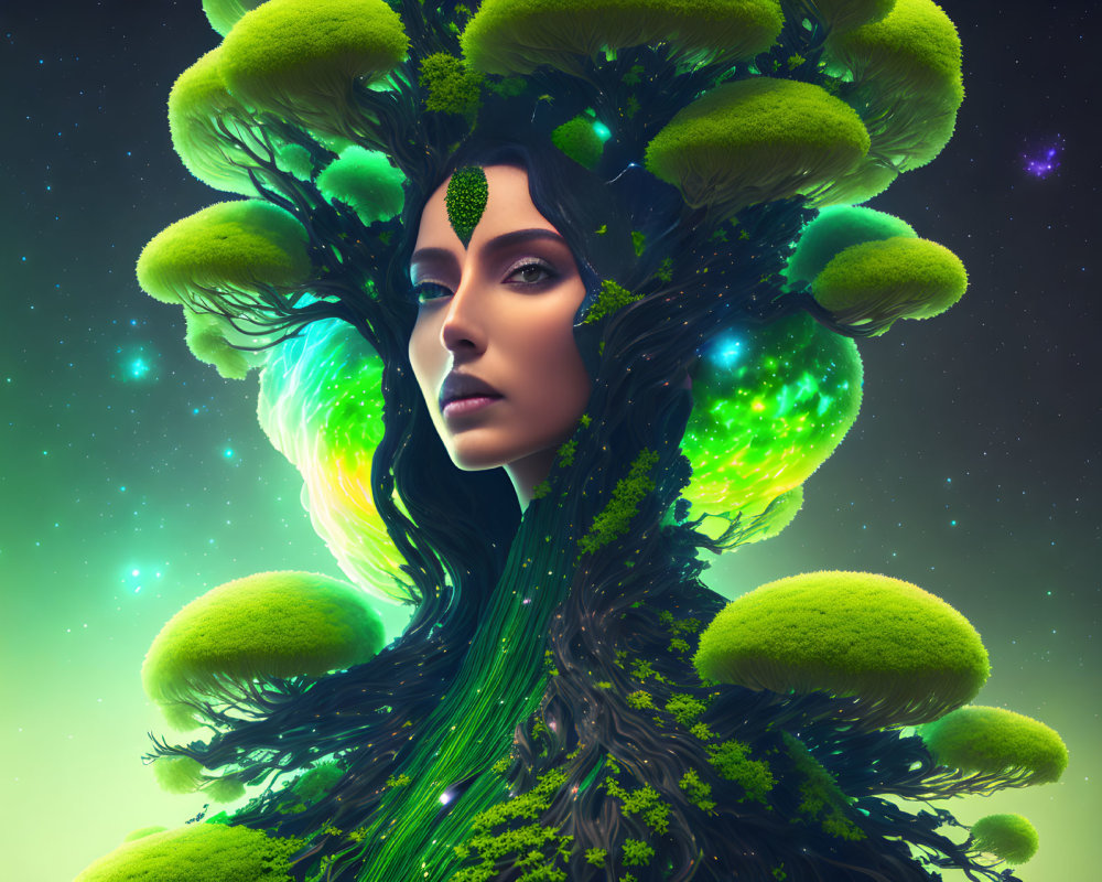 Surreal portrait of woman with tree-like features and green foliage hair