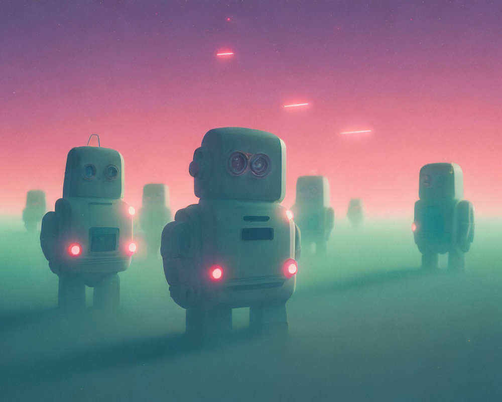 Vintage-style robots with glowing red lights in pinkish-purple environment