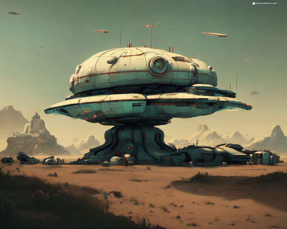 Futuristic desert landscape with saucer-shaped building & vehicles