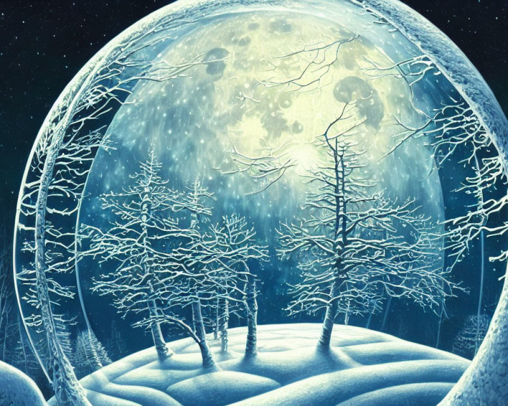 Snow-covered wintry forest scene under full moon in a transparent sphere