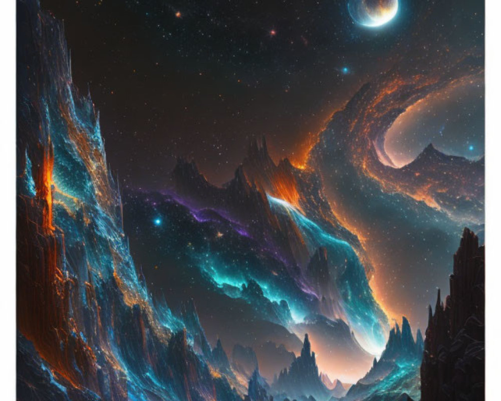 Alien landscape digital artwork with glowing mountains and ringed celestial body