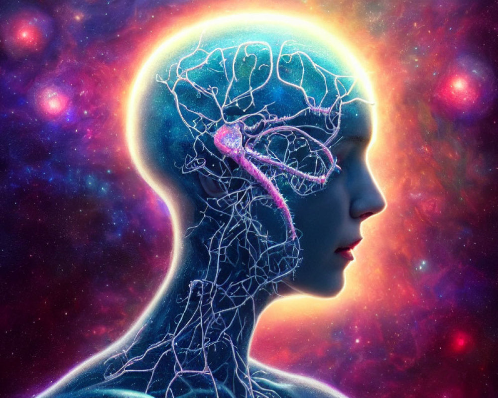 Digital illustration: Human profile with transparent head showing glowing brain and vascular system on cosmic backdrop