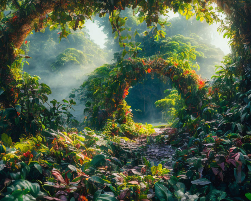 Tranquil forest landscape with sunlight, mist, natural archway, greenery, and red flowers