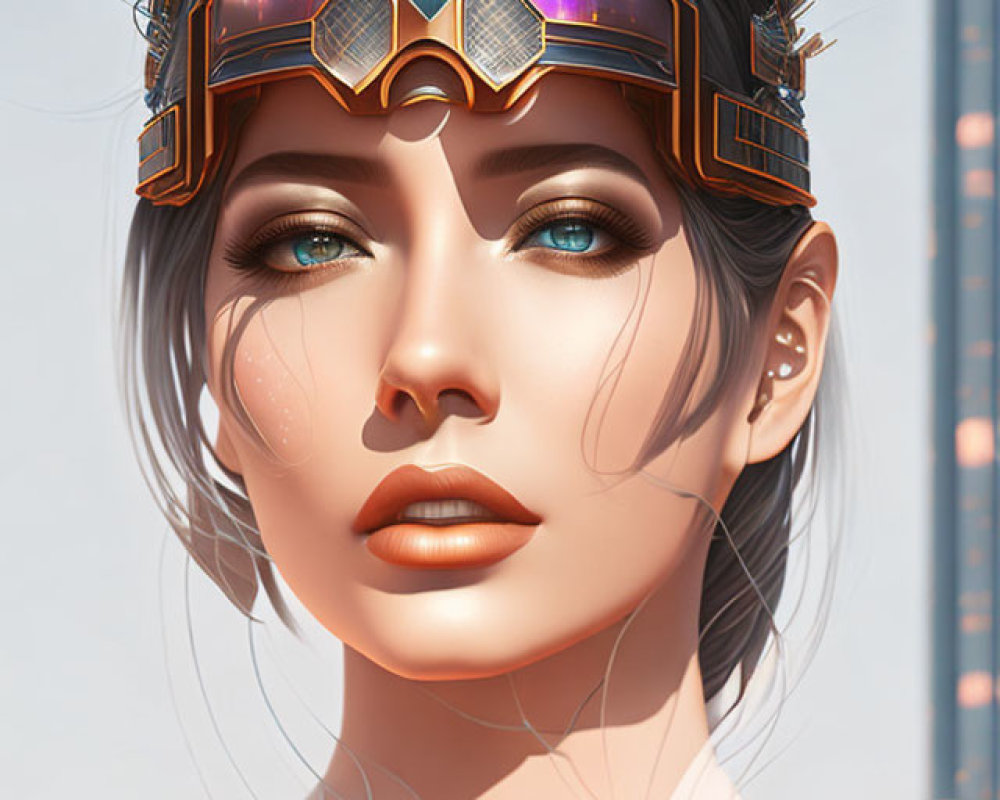Futuristic digital artwork of woman with blue eyes and glossy lips