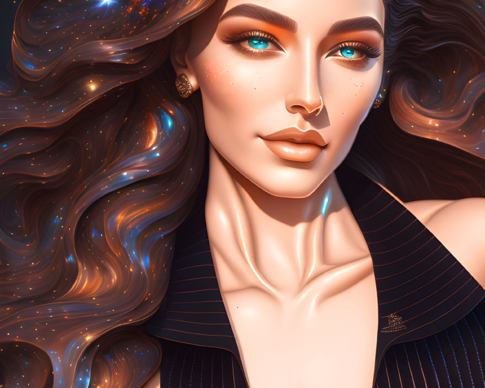 Cosmic-themed digital portrait of a woman with flowing hair