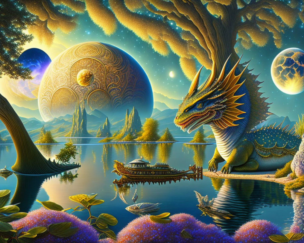 Majestic dragon by reflective lake in vibrant fantasy landscape