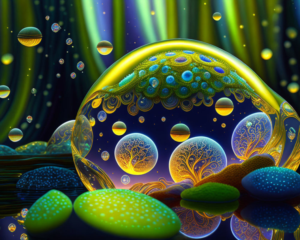 Colorful Bubble Scene with Patterned Trees and Rocks