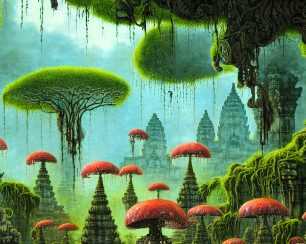 Enchanting jungle scene with oversized mushrooms, ancient temples, lush green moss.