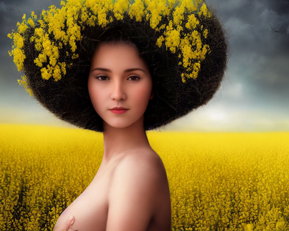 Woman with Afro-Shaped Tree in Yellow Flowering Field