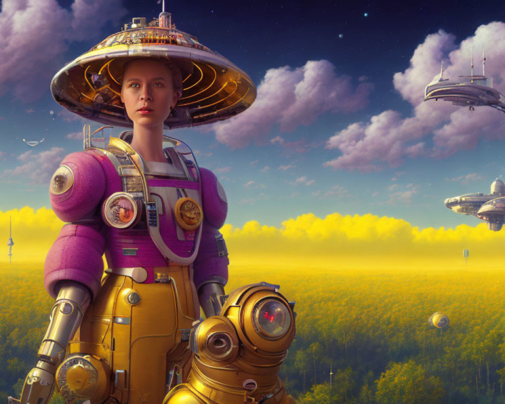 Futuristic female explorer in purple and yellow spacesuit with floating cities and ships above golden field