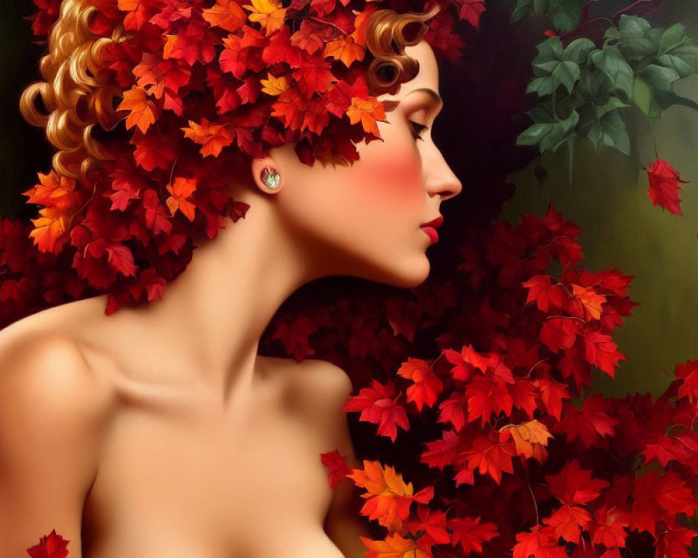 Stylized painting of woman with red autumn leaves in hair on greenish background