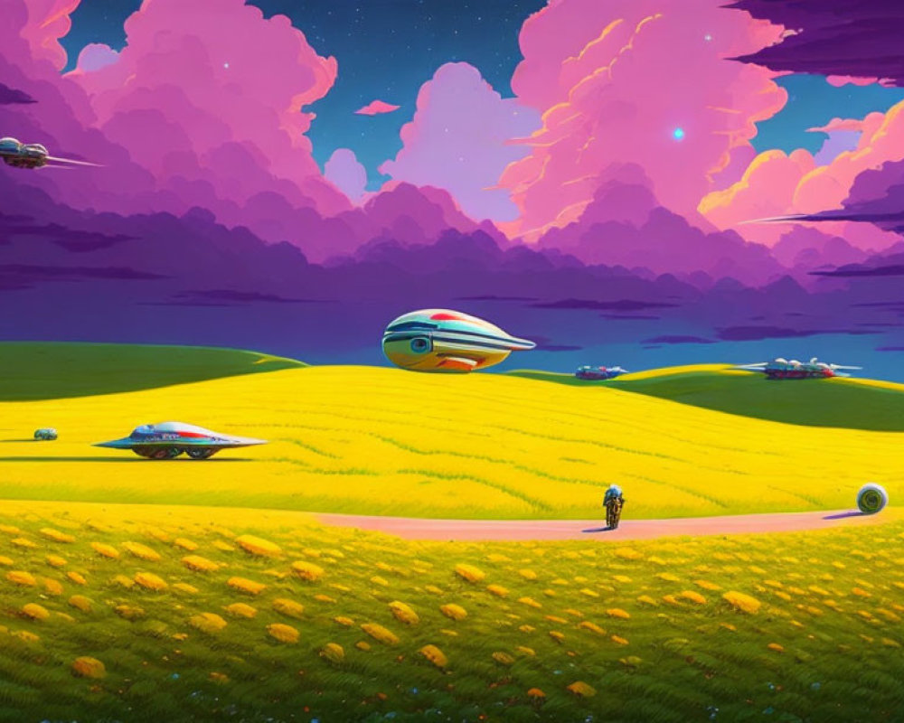 Futuristic sci-fi landscape with green hills, pink sky, flying vehicles, and figure in spaces