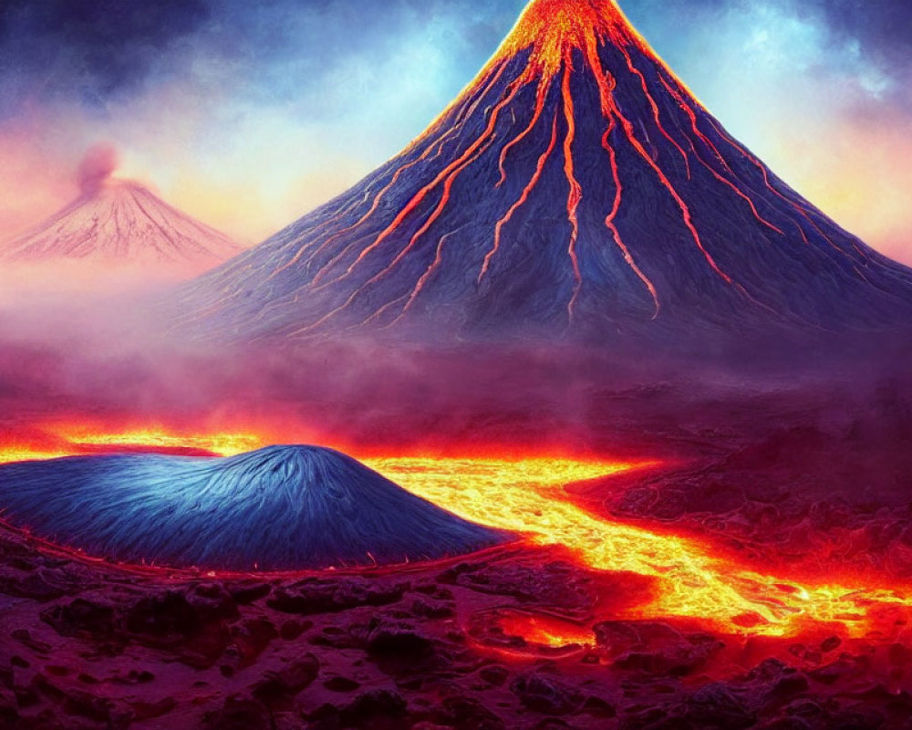 Erupting cone-shaped volcano with flowing lava at dusk