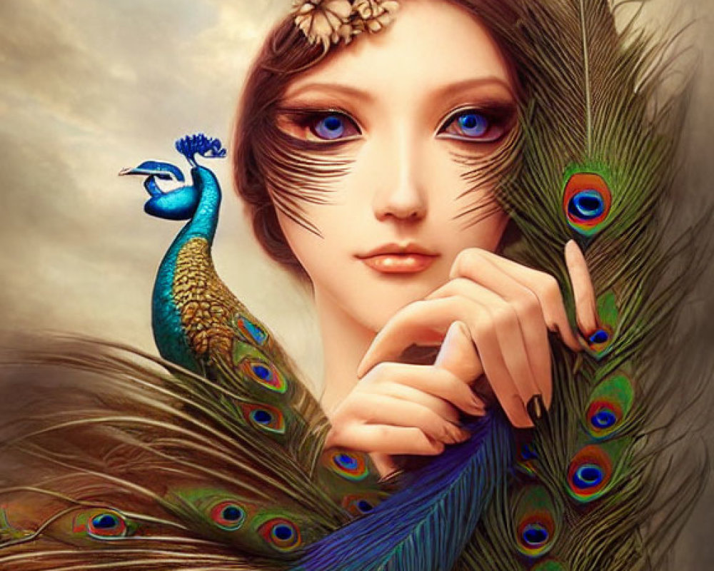 Surreal portrait of woman with peacock feather hair and bird in background