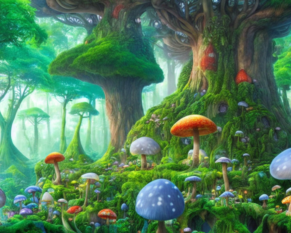 Enchanting fantasy forest with oversized mushrooms and ancient trees