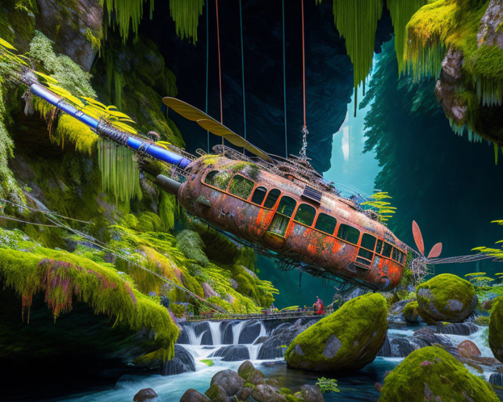 Rusted helicopter transformed into suspended living space in mossy cave