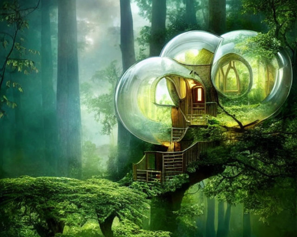 Whimsical transparent bubble treehouse in lush forest