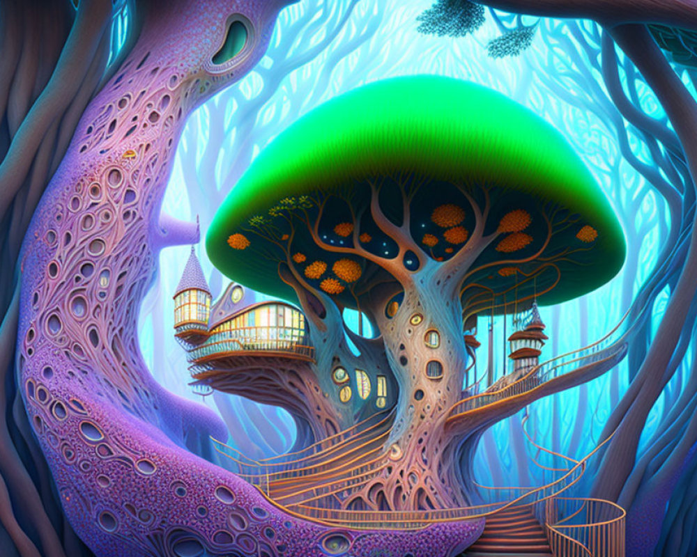 Colorful Fantasy Forest with Oversized Mushrooms and Treehouses