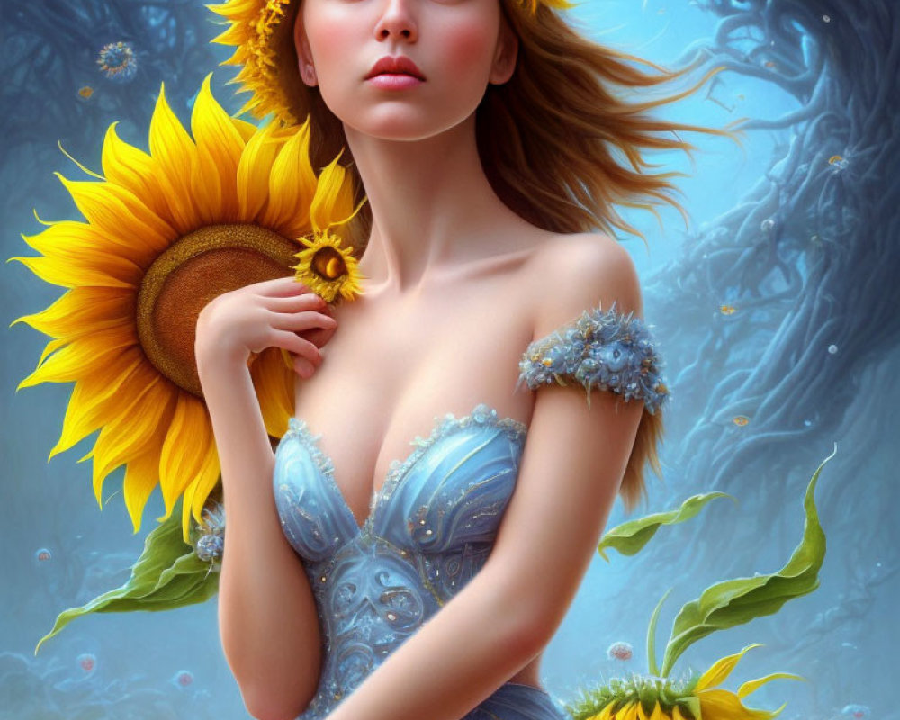 Stylized portrait of a woman with sunflower adornments and blue floral dress on soft blue background