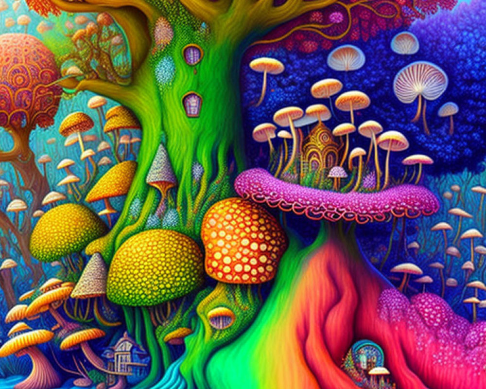 Colorful Tree with Mushrooms and Fairy-Tale Houses in Psychedelic Illustration