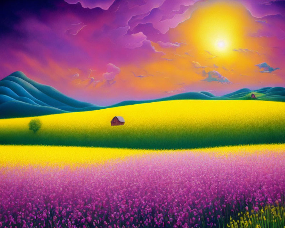 Scenic landscape painting with yellow and purple fields under a sunset sky