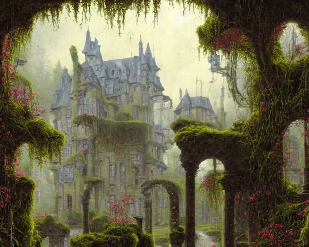 Ivy-covered castle in mystical forest with flowering vines