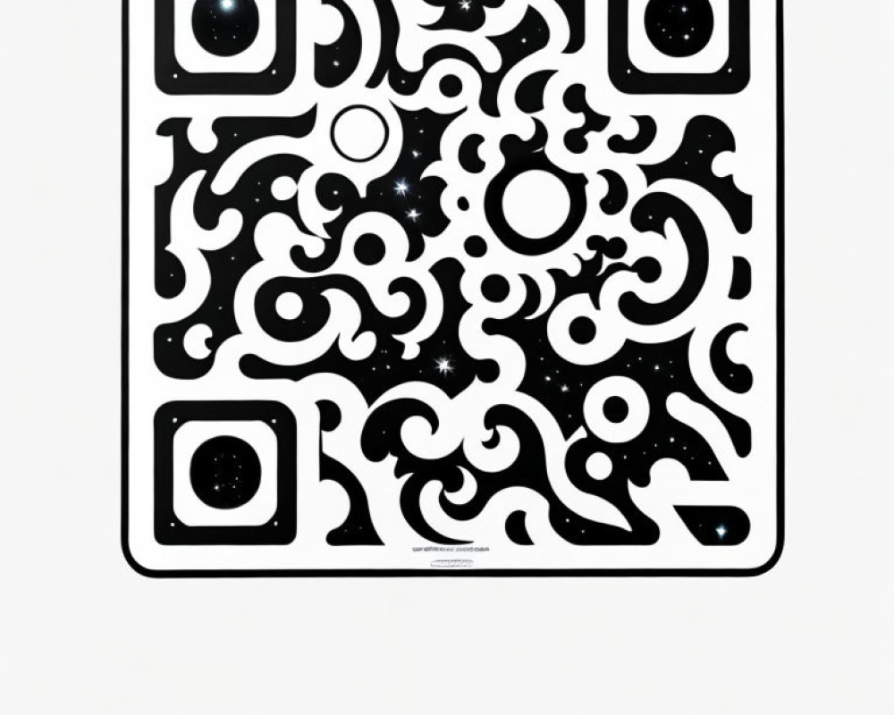 Monochrome QR Code with Swirls, Circles, and Star Patterns